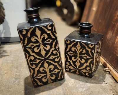 Tequila Dos Artes Ceramic Bottle Black Gold Set of 2 EMPTY Bar Decor