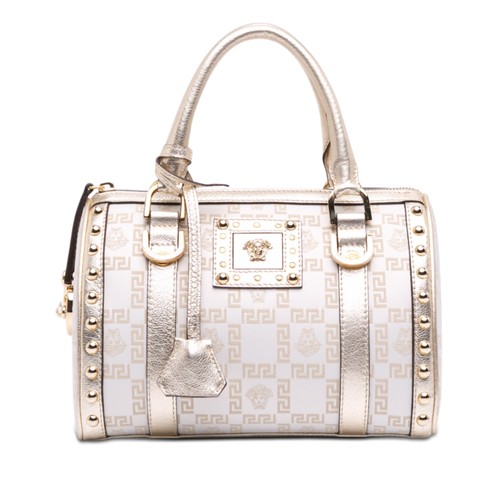 Versace Small Studded Jacquard Snap Out Of It Boston Bag Pre-Loved Off White