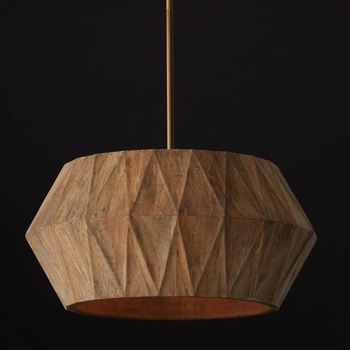 Handcrafted Mango Wood Pendant Light with Patinaed Brass, 4-Light, Modern Design - Picture 5 of 7