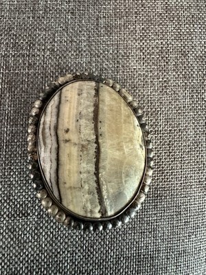 Vintage Bolo Clip Brown And Cream Cabochon With Silvertone Trim 