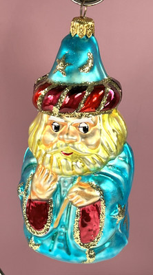 Vintage Blown Glass Magic Wizard in Cape Christmas Ornament Blue and Gold 