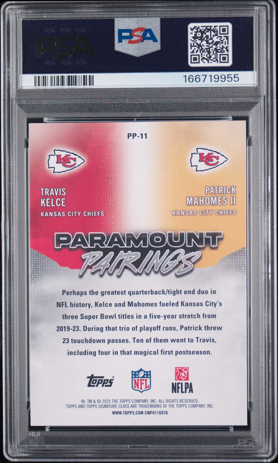 2025 TOPPS SIG CLASS PARAMOUNT PAIRINGS PATRICK MAHOMES II/TRAVIS KELCE PSA 9 view 2