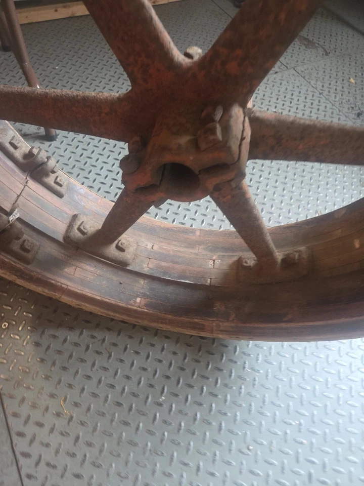 Massive Wood Wheel Primitive Factory Wheel 1880 Wood Cast Iron - Image 2 of 4