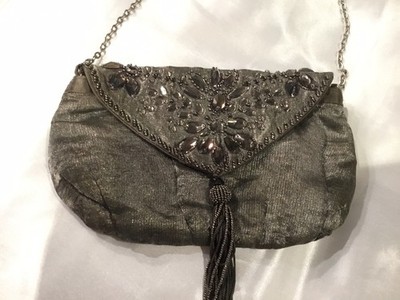 Kleine Abendtasche grau Perlen & Pailletten 23 x 14 cm guter Zustand Hand oder Clutch