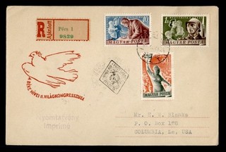 DR WHO 1950 HUNGARY FDC COMBO REGISTERED PECS TO USA R83769