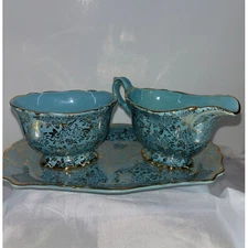 James S Kent Staffordshire Old Foley Blue Floral Gold Creamer Sugar Bowl Tray