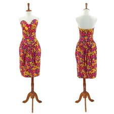 VTG Victor Costa Women 10 Dress Yellow Red Floral Deep Sweetheart 1980s Viscose