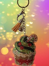 Bedazzled Christmas Cupcake Puffy Faux Rhinestone New Keychain Bag Charm