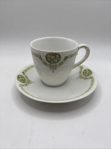 Antique Weimar Germany Green Leaves & Daises   Demitasse Cup And Saucer