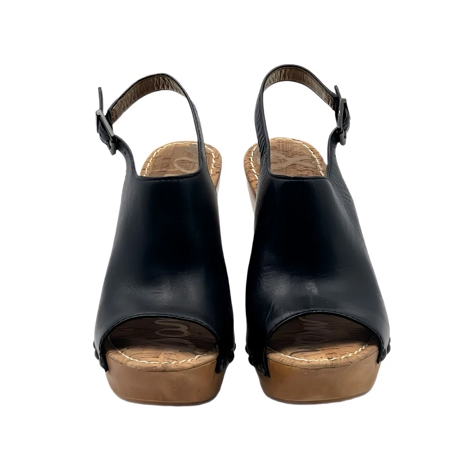 SAM EDELMAN Camilla Cuero Negro Tachonado Eslinga Madera Cuña Plataforma Talla 10 Foto 3 de 4