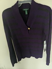 NWT WOMEN RALPH LAUREN SWEATER V NECK WITH BUTTON 100 COTTON SIZE L