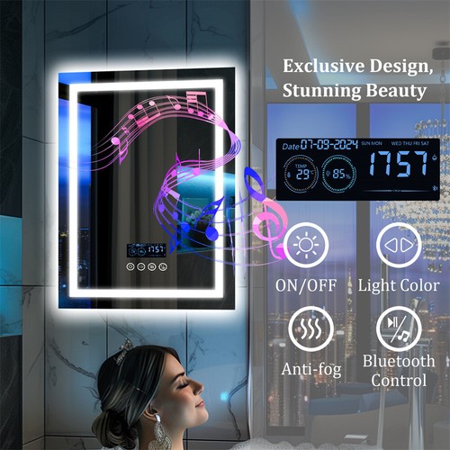 XXL Large Bluetooth LED Bathroom Mirror Music Temperature Anti-fog Vanity Mirror - Picture 15 of 27