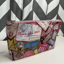 RARE NEW LANCOME POSTCARD TRAVEL THEME CLUTCH COSMETIC BAG MAKEUP CASE 12" x 6"