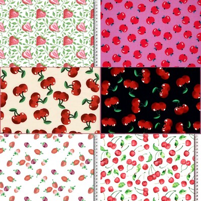 Obst Kirsche Erdbeere Himbeere Apfel Melonen Baumwolle Meterware Webware