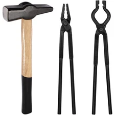Beginner Blacksmith Tongs Set Wolf Jaw Plus V-bit Tongs & Blacksmiths' Hammer