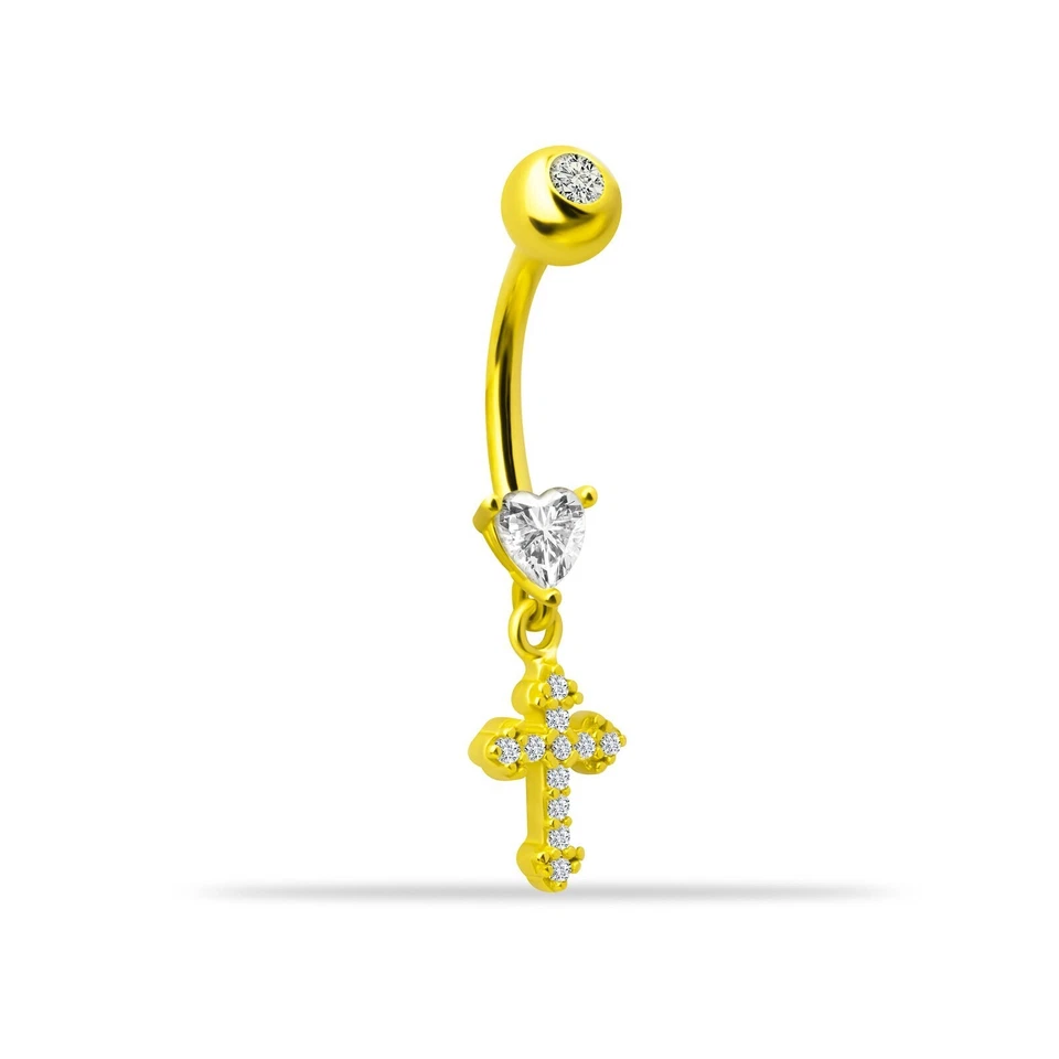Piercing enchapado en oro amarillo de 14 quilates con corazón y cruz de diamante talla corazón simulado de 2 quilates Foto 4 de 4