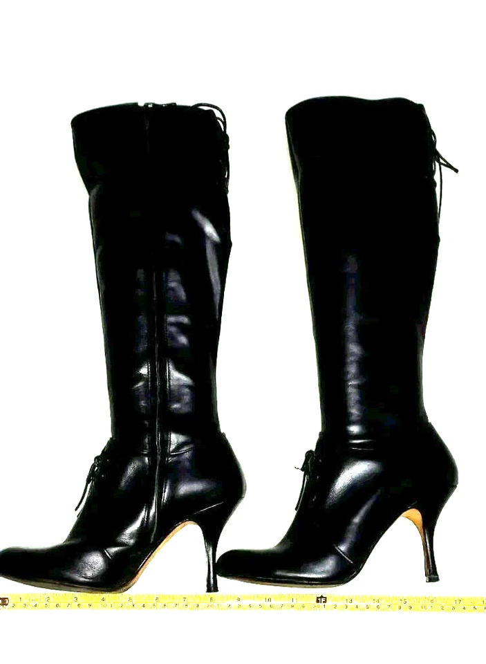 Botas Max Studio vintage negras hasta la rodilla de cuero con cremallera y tacón Foto 3 de 4