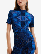 Desigual Damen Midi-Kleid Gerippt Stehkragen Blau Abstrakt Gr. M 22WWVK01