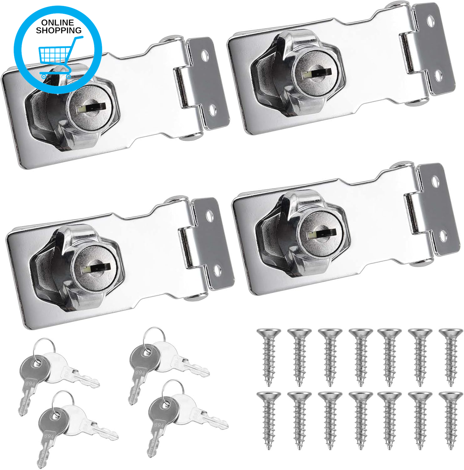 4 Pack 2.5 Inch Keyed Hasp Lock and Staple, Padlock Shed Lock Door Lock Hasp Sil