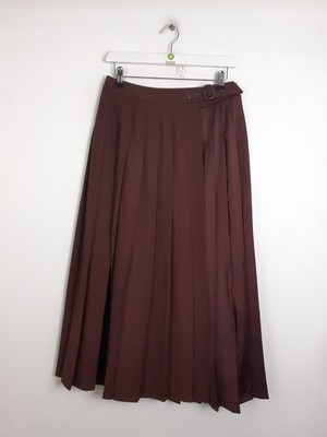 Jaeger Women's Wool Mix Pleated Midi Wrap Skirt Size 10 Brown Buckle NEW