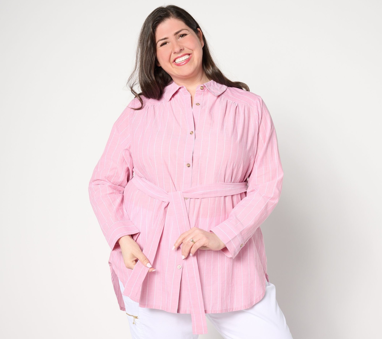 Anybody Women's Top Sz M Regular Long Sleeve Button Front Woven Pink A643858