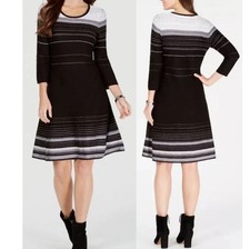 Nine West Wome’s Size M Striped  Fit And Flare 3/4 Sleeve Sweater Dress