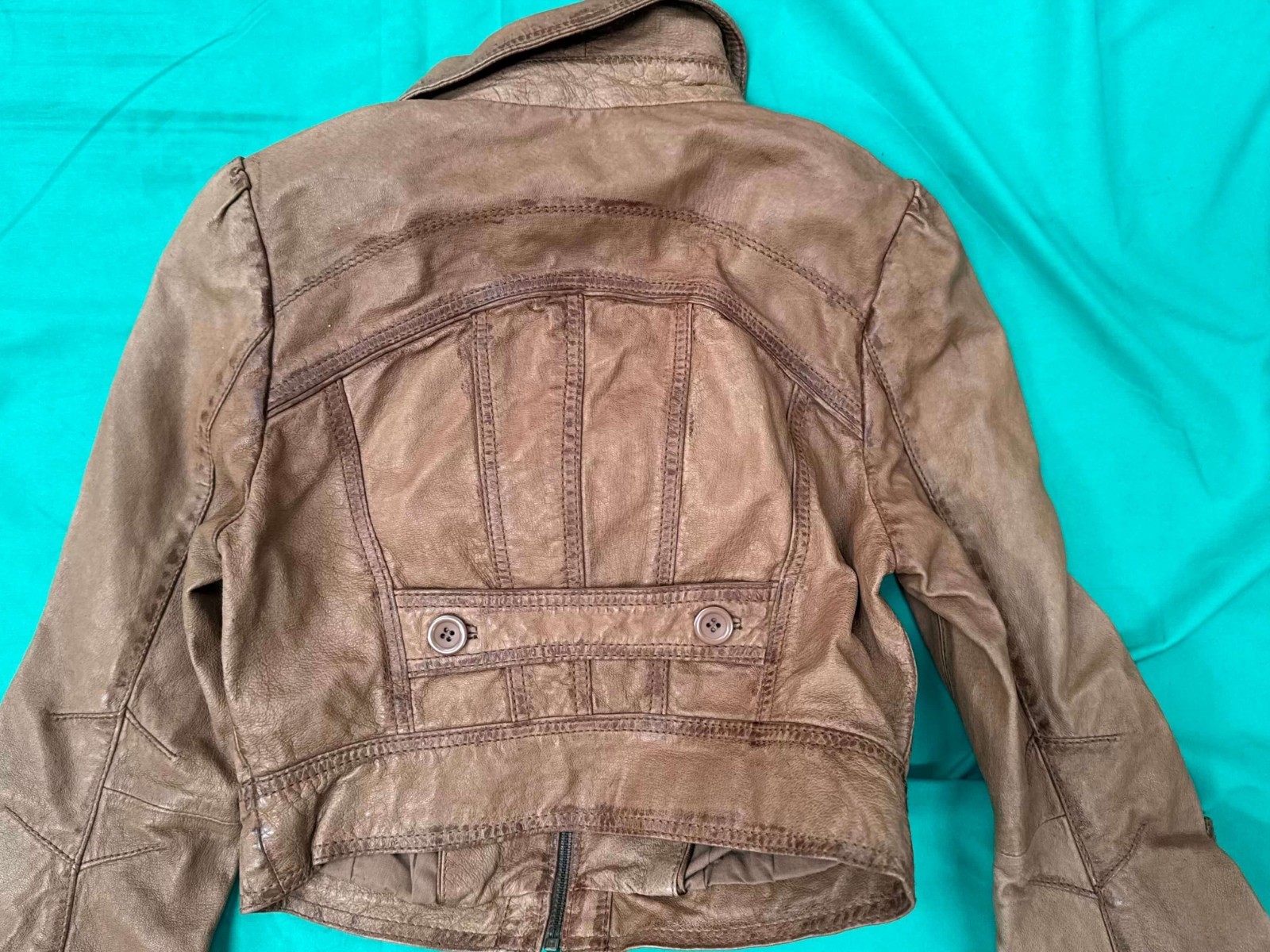 Miss Selfridge Tan Leather Jacket Size 6 Women’s Cropped Fitted Biker Style image 9