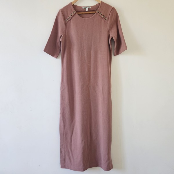 Country Road Pink Cotton Rib Knit Maxi Dress Size L Half Sleeve Button Bodycon