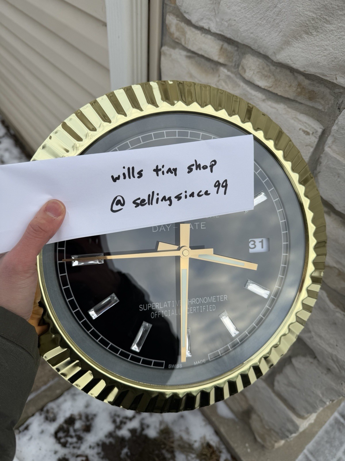 Gold Fluted Bezel Wall Clock w/Day and Date Display - Black 