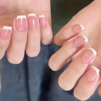 24pcs Short Square Press Fake Nails with Color Block Print Jelly Glue and File