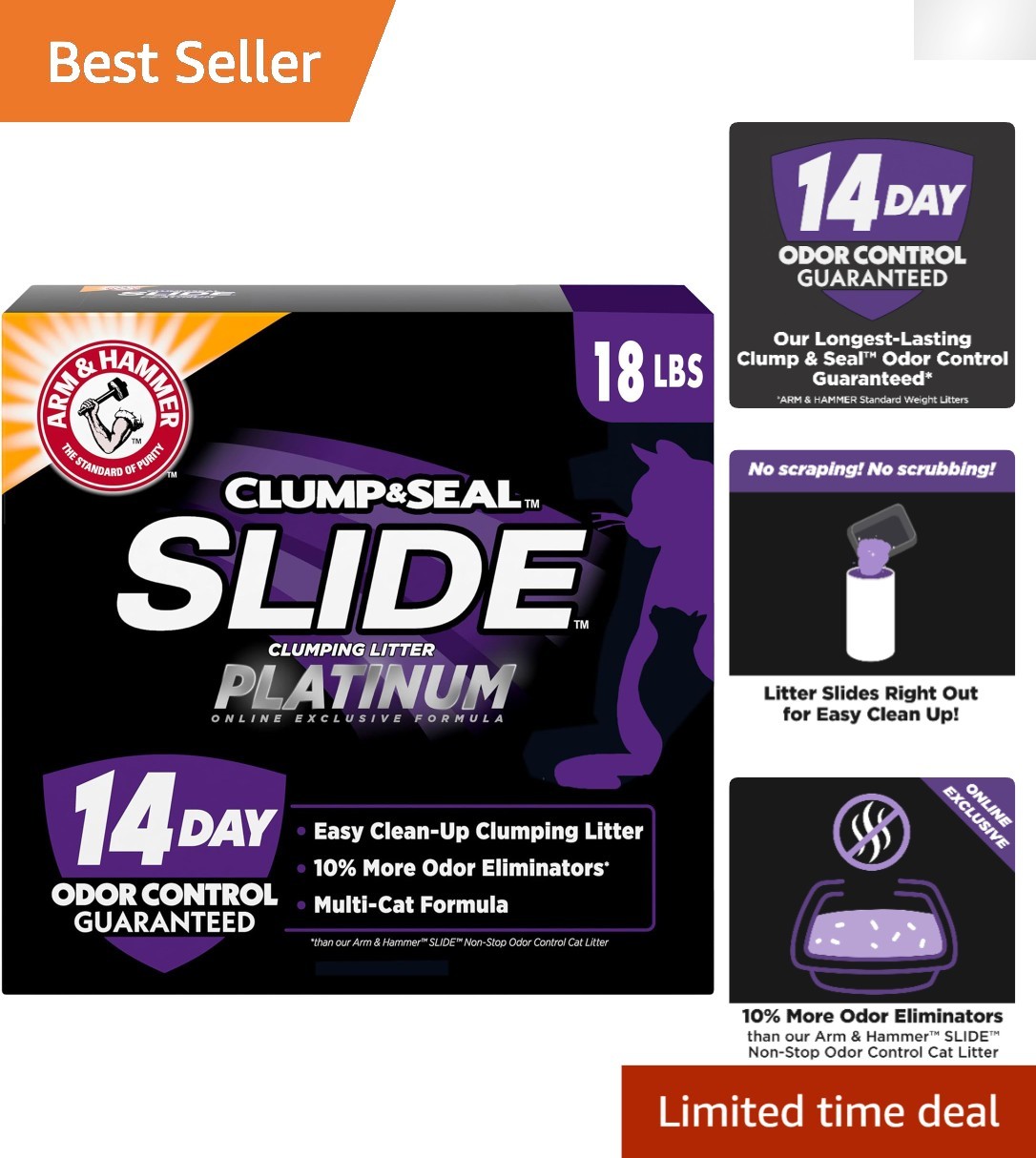 Clump & Seal SLIDE Platinum Multi-Cat Clumping Cat Litter, 14-Day Odor Contro...