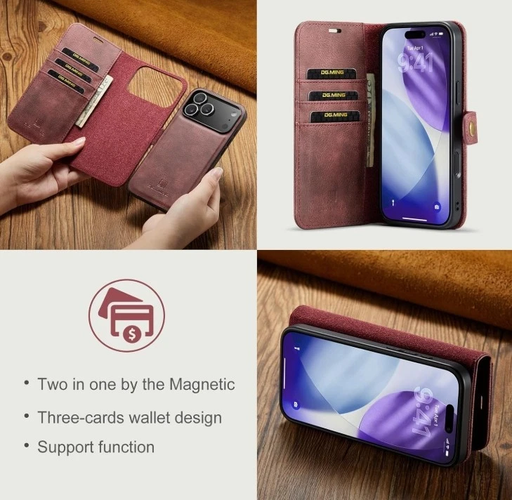 Funda tipo billetera de cuero DG Ming para iPhone 17 Pro y 17 Promax, vidrio templado libre Foto 4 de 4