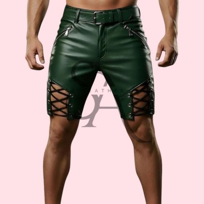 Men's Green Classic Lace Up Style Leather Short Genuine Lambskin Leather Short