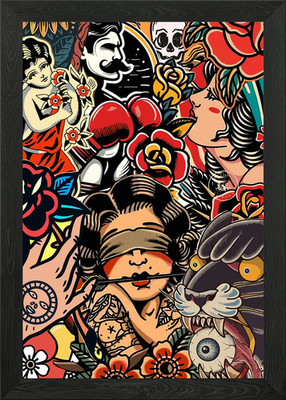 Traditionelles Tattoo Flash Sheet Stil gerahmtes Wandbild Poster Leinwanddruck Bild