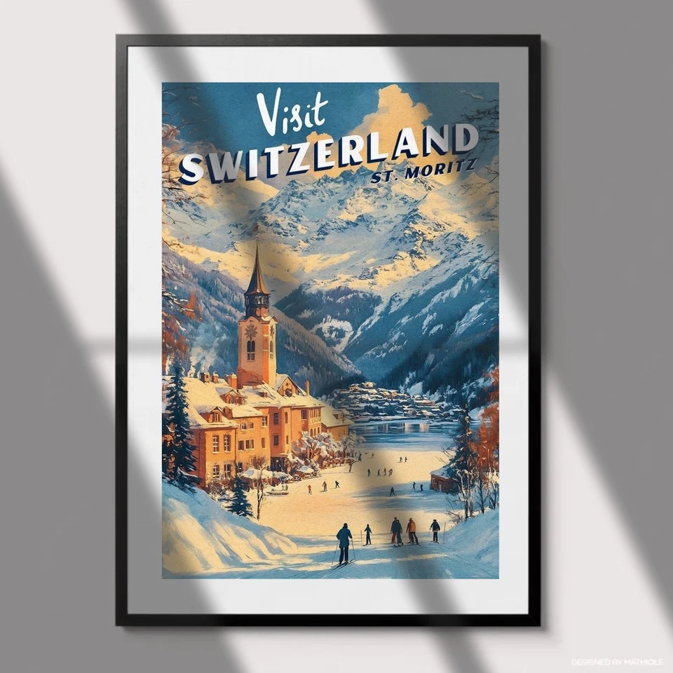 Póster de viaje de colección Visit SWITZERLAND St. Moritz esquí nieve arte de pared Foto 2 de 4