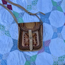 Vintage 70s Hand Tooled Leather Mexican Handmade Aztec Design Boho Crossbody Bag