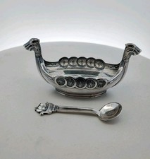 Vintage Sterling Silver Sweden Viking Ship Salt Cellar & Spoon