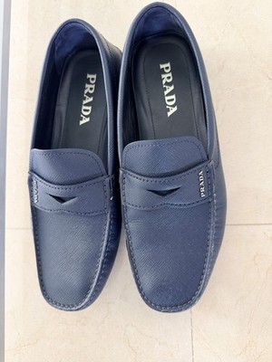 Men s PRADA Saffiano Blue Leather Driving Loafers Size 7.5