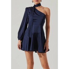 ASTR The Label One Shoulder Satin Mini Dress Blue Long Sleeve with Sash NWT L