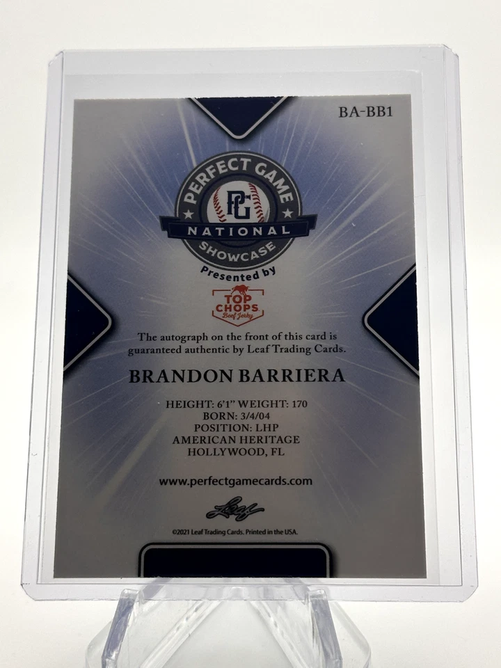 BRANDON BARRIERA 2021 LEAF PERFECT GAME NATIONAL SHOWCASE BLUE AUTOGRAPH 1/1 - Image 2 of 2