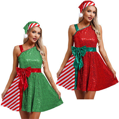 Women's Mrs Santa Claus Outfit Christmas Mini Dress with Santa Hat