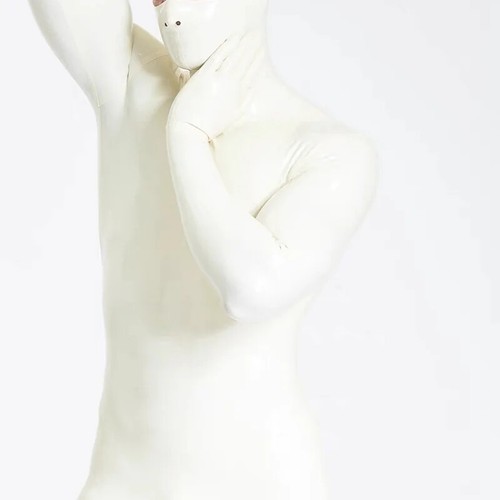 Face Entry Sexy Latex Full Coverage Bodysuit Men White Rubber Cat Suit No Zipper - Picture 4 of 7