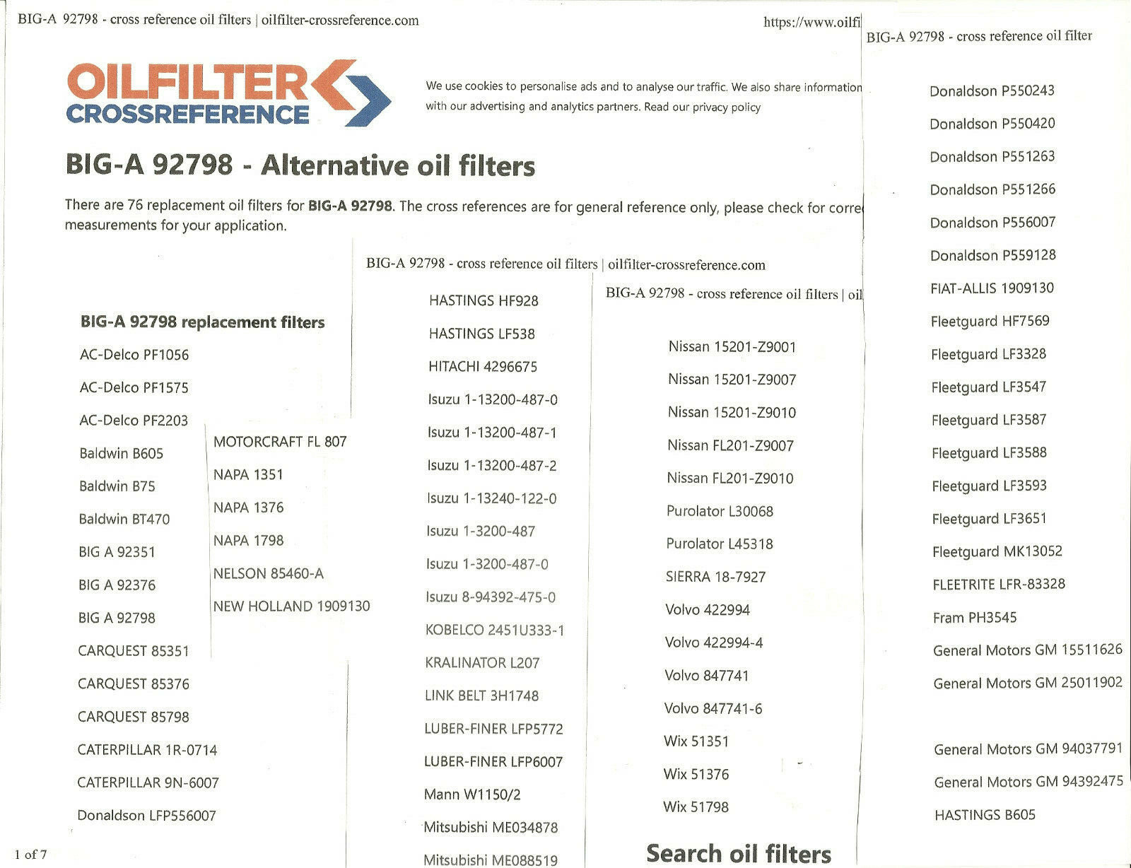 Big A 92798 -  Fram PH3545 -  Oil Filter - NOS - Cross Reference Chart (pic 6)