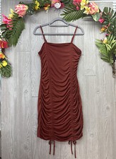 Vintage Kiss Club Dress Brown Mini Ruched DrawString Size Large Stretchy Club