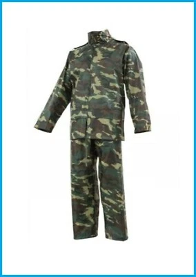 ISSALINE Completo giacca pantalone impermeabile mimetico militare antipioggia c/cappuccio