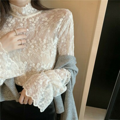 Damen Spitze Shirt Blumen Tops Bluse Schlagärmeliges Tee Pullover Rollkragen
