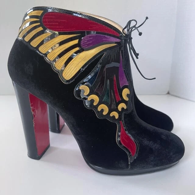 Christian Louboutin Mariposa 蝴蝶天鹅绒短靴黑色多色 120 毫米 41 — 第 3/4 张图片