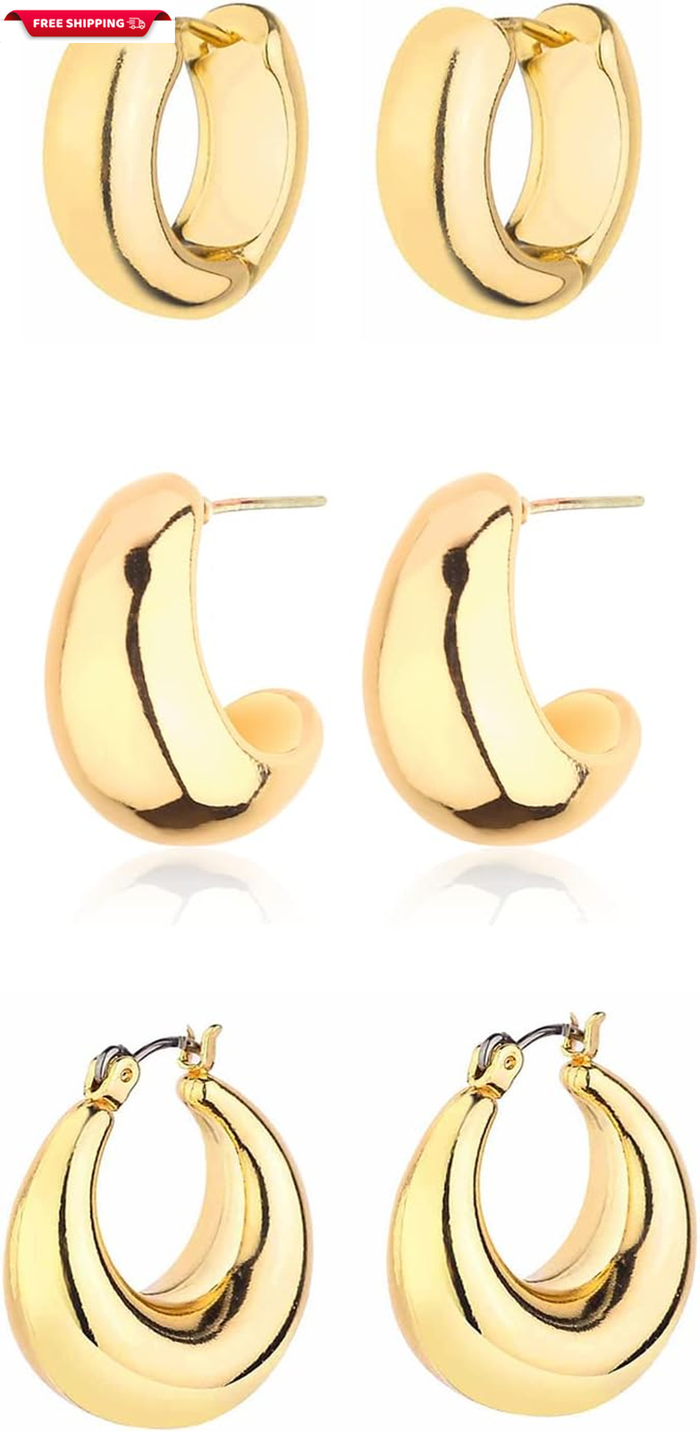 Gold Chunky Hoop Earrings Set for Women, 14K Gold Plated Twisted Huggie Hoop Ear