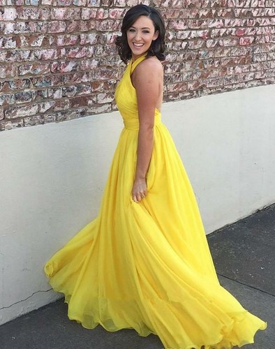 Sexy Yellow Chiffon Maxi Prom Dresses 