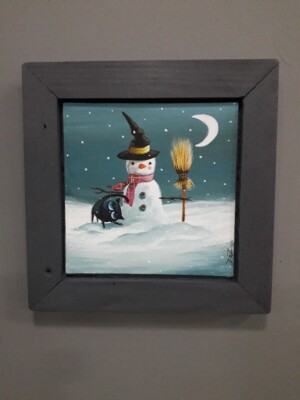 ORIGINAL ARTWORK SNOW WITCH CAT FRAMED CANVAS BOARD ACRYLIC SIGNED PAINTING 